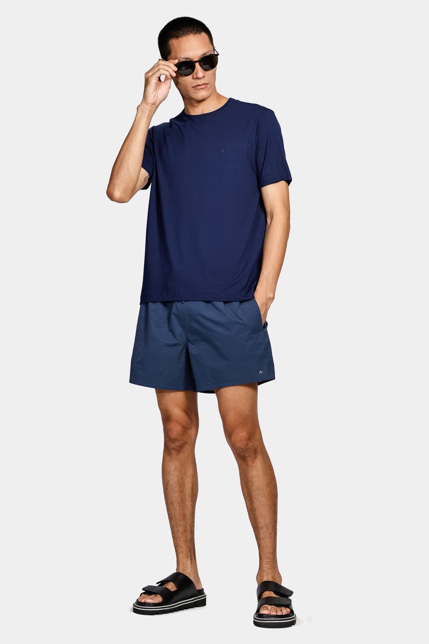 Shorts de Elástico Liso Maquinetado Azul Escuro