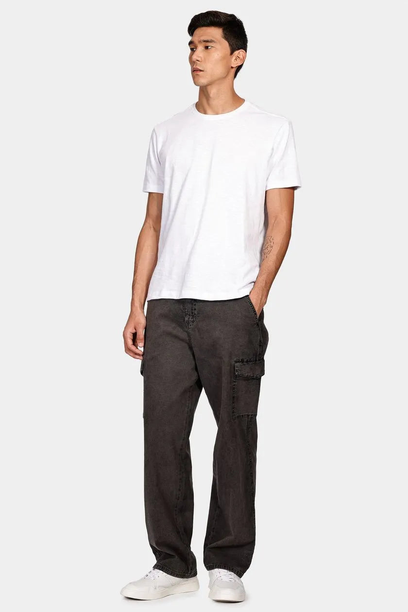 Calça Ampla Cargo Canvas Off Bl Preto